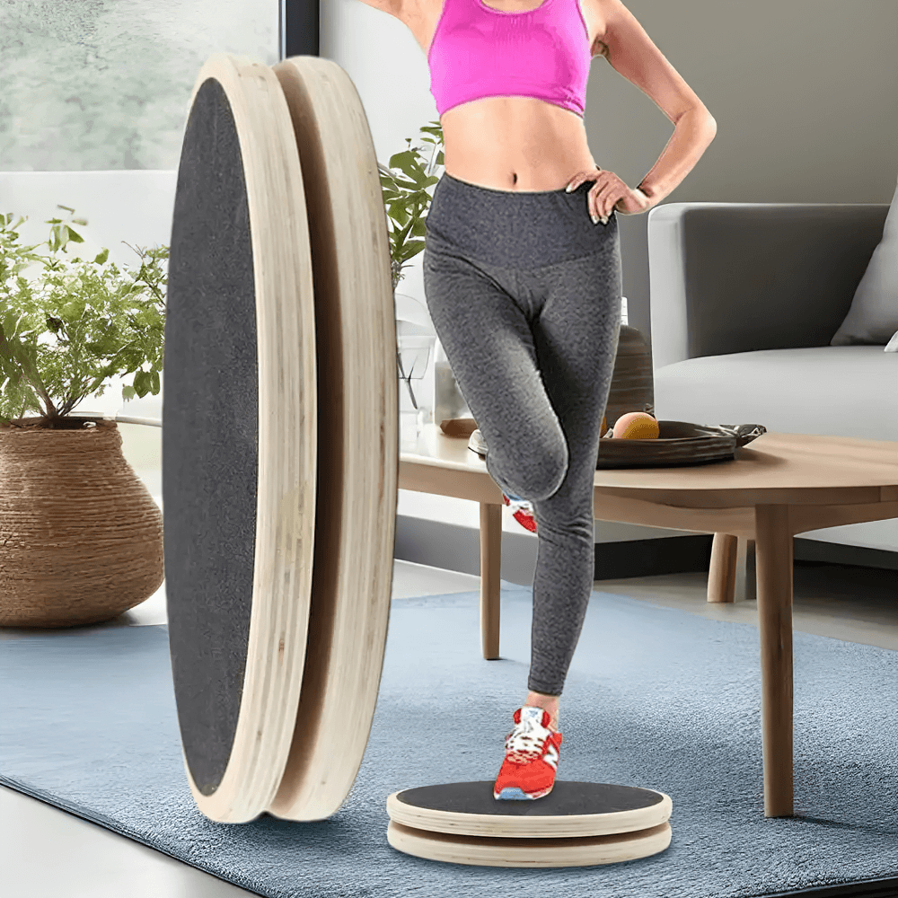 Person exercising with Wooden Balance Trainer Disc SF3227 for stability, featuring non-slip surface for fitness and rehab.